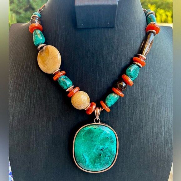 Asymmetrical Turquoise & Coral Beaded Fashion Statement Necklace - Picture 1 of 10